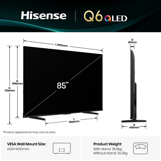 Hisense 85Q6Q 85 Inch 4K Smart QLED TV with Quantum Dot & Dolby Vision (Each)